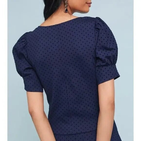 Anthropologie Maeve Women's Sevigny Blue Polka Dot Puff Sleeve Blouse Size XS - Picture 8 of 8